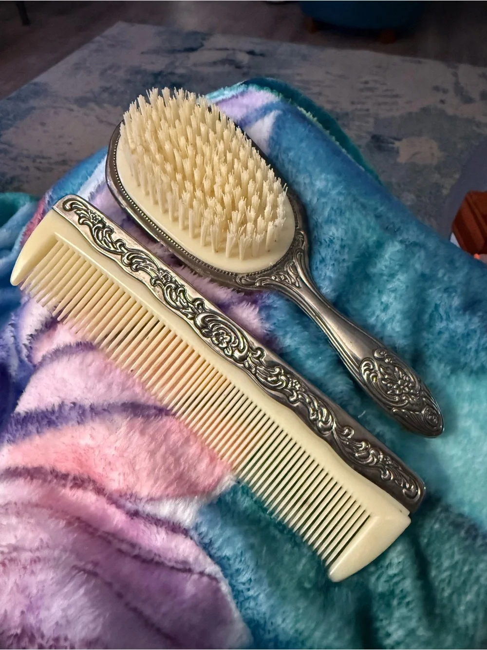 Vintage Ornate Silver-Tone Hair Brush & Ivory Comb Set - Decorative Vanity Duo